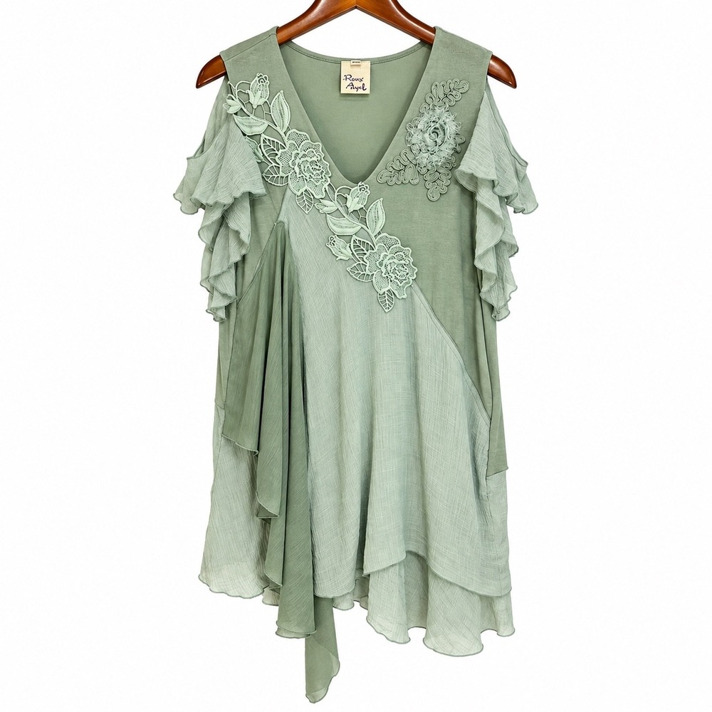 Pretty Angel Sage Green Lace Ruffle Cold Shoulder Asymmetrical Tunic Top XL